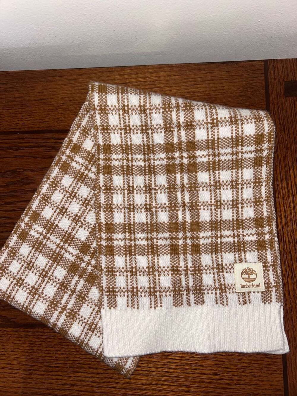 Timberland Brown and White Plaid Knit Scarf